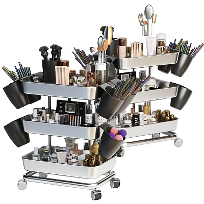 Cosmetics And Perfumes Organized On Rolling Storage Cart 3d model