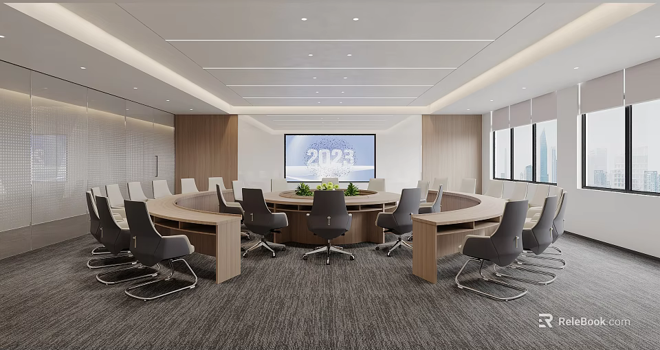 Modern Conference Room With Round Table Gray Chairs Large Screen Wooden Elements And Large Windows 3d model 