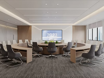 Modern Conference Room With Round Table Gray Chairs Large Screen Wooden Elements And Large Windows 3d model