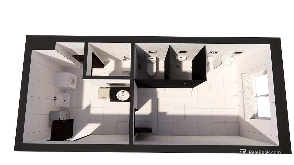 Public Restroom Interior With Modern Stalls Sinks Tiled Floor And Mirrors 3d model 