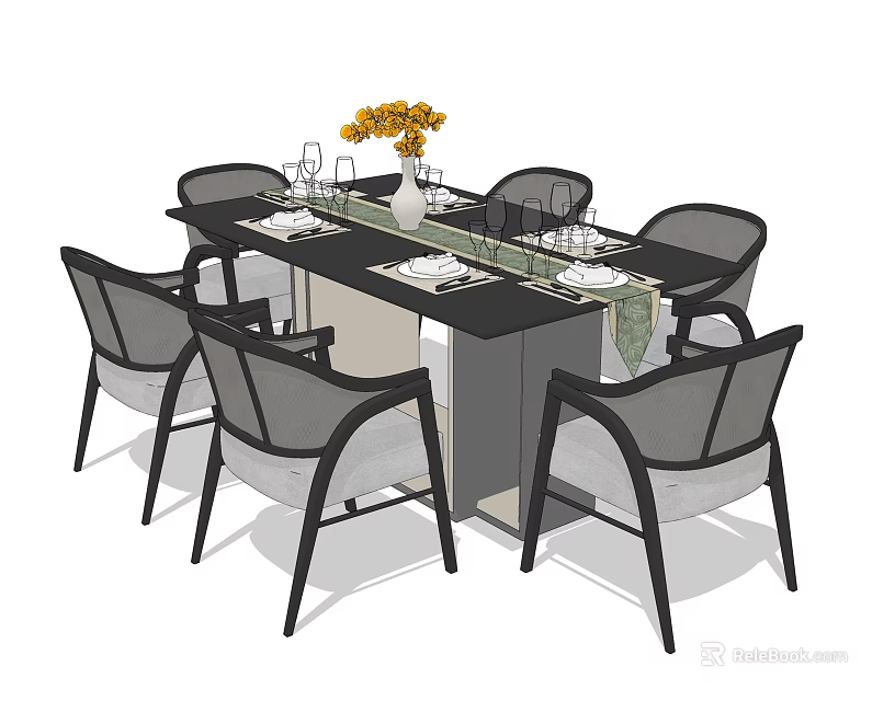 Modern Dining Table Set with Six Chairs Vase Yellow Flowers and Tableware 3d model