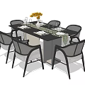 Modern Dining Table Set with Six Chairs Vase Yellow Flowers and Tableware 3d model
