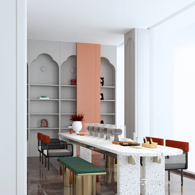 Hotel Public Lounge With Arched Bookshelves Long Table Vase Glassware Colorful Chairs And White Pillars 3d model 