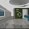 Modern Wellness Center Reception Desk With Blue Illuminated Counter And Lush Green Plant Walls