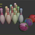 Colorful Bowling Equipment with White Pins Red Stripes and Multicolored Balls