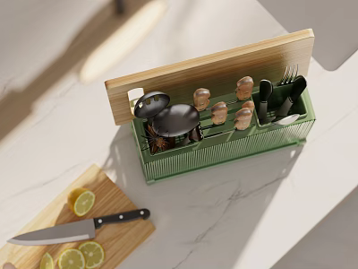 Green Kitchen Utensil Organizer Wooden Lid Holding Pots Spice Jars Cutlery Near Cutting Board Knife 3d model
