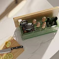 Green Kitchen Utensil Organizer Wooden Lid Holding Pots Spice Jars Cutlery Near Cutting Board Knife