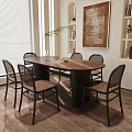 Modern Wooden Dining Table Set with Six Woven Back Chairs Window Blinds and Decorative Painting