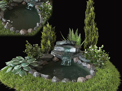 Garden Ornament Featuring Small Pond Mini Waterfall Stones and Lush Green Plants 3d model