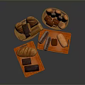 Assorted Fresh Bread Loaves in Wicker Baskets and Orange Trays