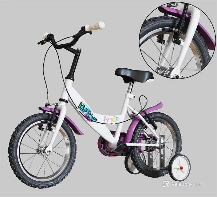 White And Purple Kids Bicycle With Training Wheels Wooden Handlebar And Colorful Letters 3d model 
