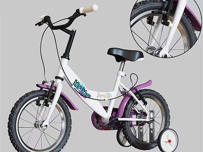 White And Purple Kids Bicycle With Training Wheels Wooden Handlebar And Colorful Letters 3d model