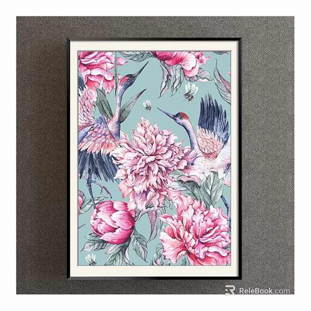 Beautiful Botanical Painting with Pink Peonies and Cranes on Teal Background 3d model 