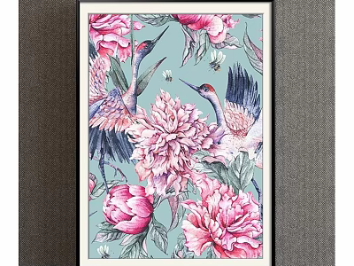 Beautiful Botanical Painting with Pink Peonies and Cranes on Teal Background 3d model