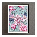 Beautiful Botanical Painting with Pink Peonies and Cranes on Teal Background