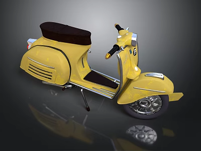 Vintage Yellow Scooter With Brown Seat Chrome Handlebar And Spoked Wheel 3d model