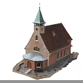 Rural Church Building With Orange Walls Red Tiled Roof Green Steeple And Arched Windows