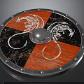 Red And Black Medieval Shield With Silver Rivets And White Dragon Designs