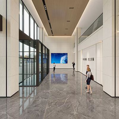 Modern Lobby Front Desk Reception Area with Glass Doors Marble Floor and Digital Wall 3d model