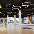 Modern Indoor Basketball Court With Hexagonal Ceiling Lights And Court Markings