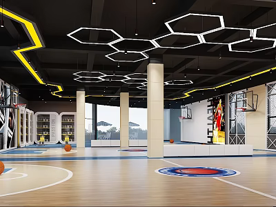 Modern Indoor Basketball Court With Hexagonal Ceiling Lights And Court Markings 3d model