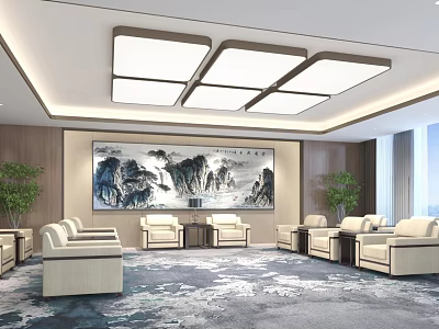 Elegant Hotel Public Lounge Area With Beige Sofas Large Landscape Painting Carpet And Ceiling Lighting 3d model