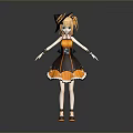 Woman Wearing Witch Hat And Yellow Black Dress With Lace Trimmed Skirt And Orange Shoes