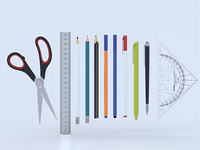 Colorful Writing Pens And Pencils With Stationery Tools Like Ruler Scissors And Protractor 3d model
