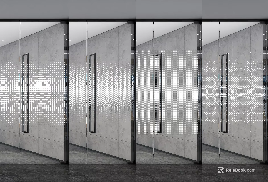 Modern Glass Partition With Metal Frame And Perforated Pattern On Gray Concrete Wall 3d model 