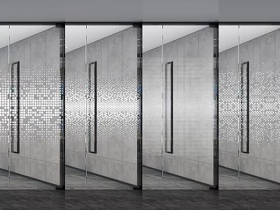 Modern Glass Partition With Metal Frame And Perforated Pattern On Gray Concrete Wall 3d model