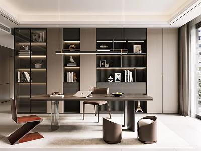 Elegant Modern Study Room With Writing Desk Chairs Shelves And Decorative Items 3d model