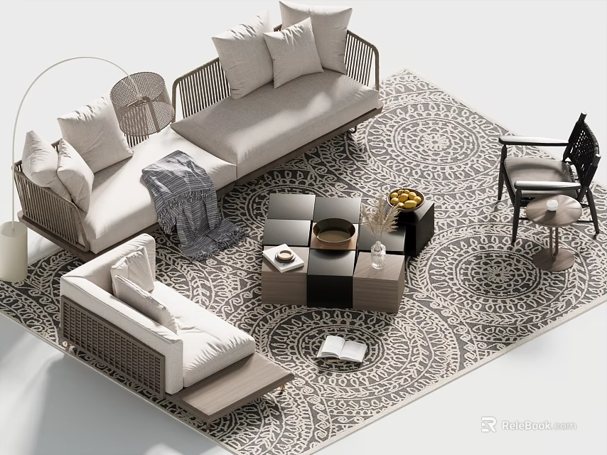 Modern Sectional Sofa Coffee Table Set With Plush Pillows Patterned Rug And Accent Chair 3d model 