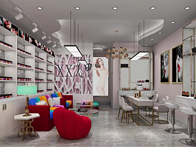 Modern Beauty Hair Salon Interior With Colorful Sofa Red Chair Pendant Lights And Mirrors 3d model