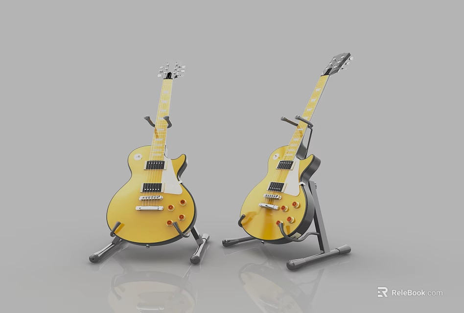 Two Yellow Electric Guitars Displayed on Stands with Grey Background 3d model 