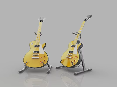 Two Yellow Electric Guitars Displayed on Stands with Grey Background 3d model