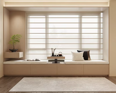 Modern Minimalist Bay Window with Cushioned Seat Small Table Green Plant and Wooden Blinds 3d model