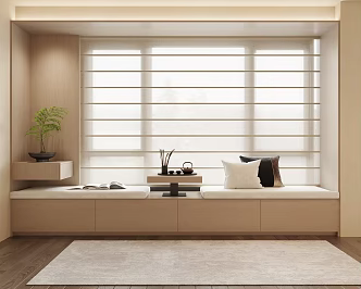 New Chinese Style Floating Window Cabinet Floating Window Sill Floating Window Cushion Floating Window Curtain 3d model