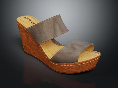 Gray Leather Wedge Heel Sandals Featuring Two Straps And Brown Wooden Sole Design 3d model