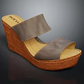 Gray Leather Wedge Heel Sandals Featuring Two Straps And Brown Wooden Sole Design