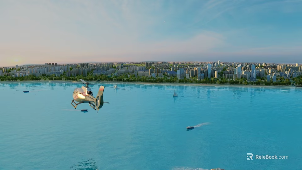 Scenic View of Calm Water With Helicopter Small Boats Distant City Buildings And Clear Sky 3d model 