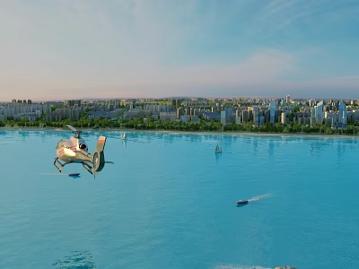 Scenic View of Calm Water With Helicopter Small Boats Distant City Buildings And Clear Sky 3d model