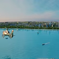 Scenic View of Calm Water With Helicopter Small Boats Distant City Buildings And Clear Sky