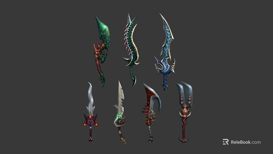 Various Fantasy Weapons With Intricate Designs Unique Shapes And Colorful Details 3d model 