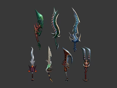 Various Fantasy Weapons With Intricate Designs Unique Shapes And Colorful Details 3d model