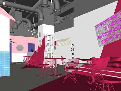 Bubble Tea Shop Modern Interior With Red Furniture Colorful Wall Decor And Exposed Pipes 3d model