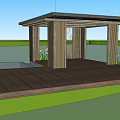 Scenic Waterfront Outdoor Landscape With Wooden Walkway Pavilion Greenery And Floating Platforms