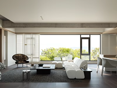 Modern Living Dining Room Interior Design With White Sofa Large Windows And Natural Light 3d model