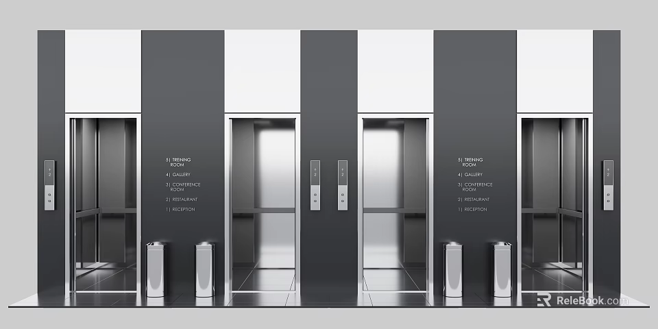Modern Commercial Elevator Design With Silver Doors Black Wall Panels And Control Panels 3d model 