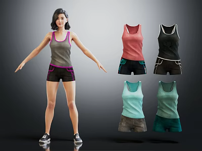 Female Model Showcasing Different Colored Tank Tops And Shorts Outfits 3d model
