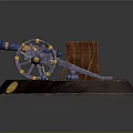 Antique Cannon with Ornate Wheels on Wooden Platform Including Cannonballs and Golden Emblem